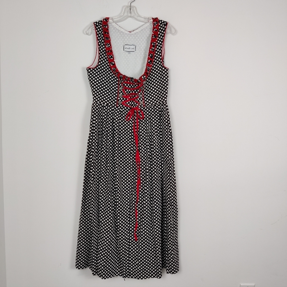 Dirndl Polka Dot Traditional Dress with Red Ribbon Detail - Size 40 Goth Y2K